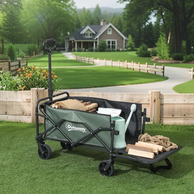 Carucior pliabil de gradina cu deschidere posterioara, roti mari si buzunare de depozitare, 125x48x78-102 cm, verde