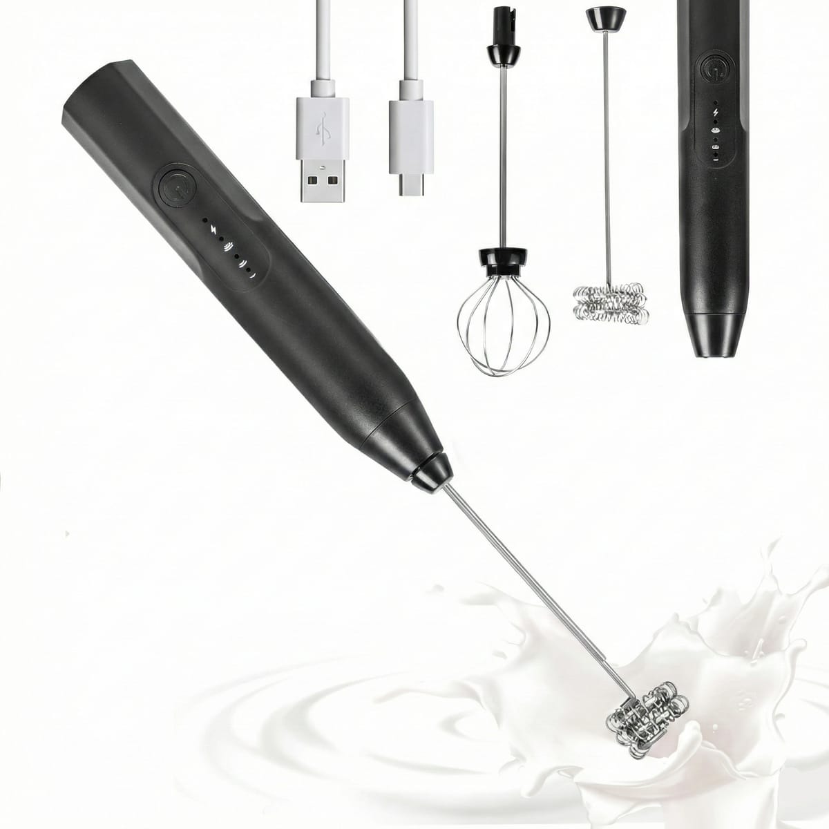 Mini-mixer electric pentru spumare si amestecare rapida, cu acumulator, 2 capete si 3 trepte, Negru 1