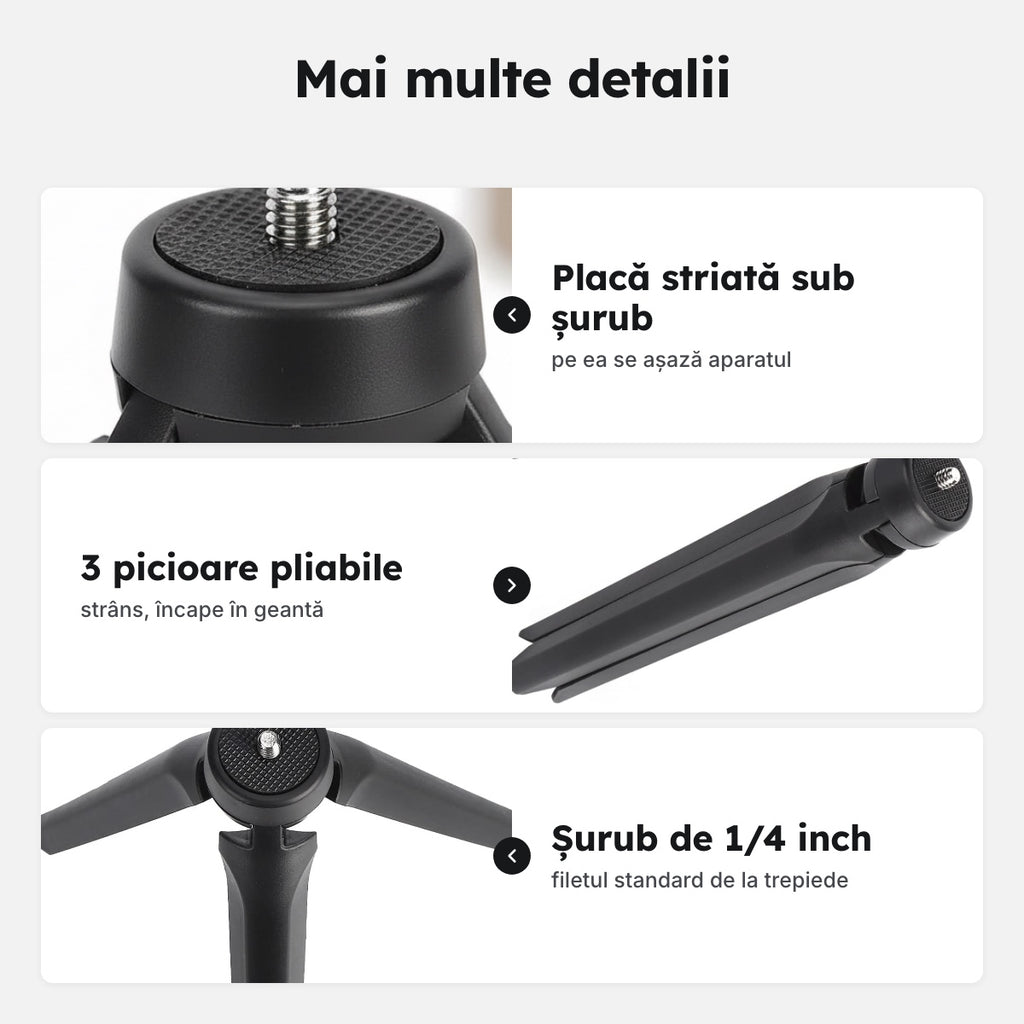 Mini trepied de masă cu șurub de 1/4 inch, negru – Mai multe detalii