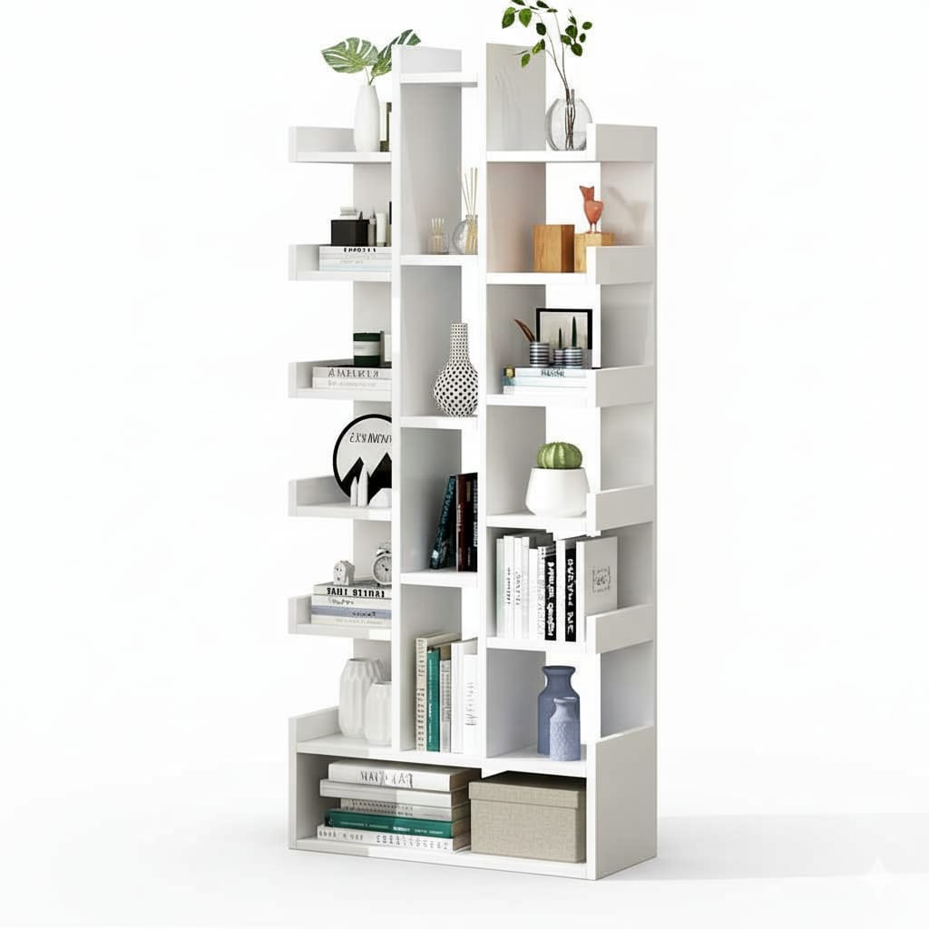 Biblioteca verticala in forma de copac cu sertare, rafturi