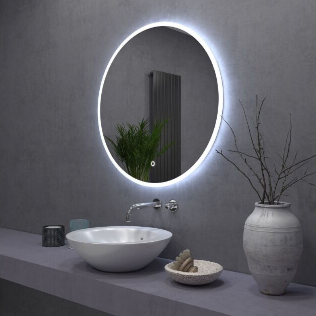 Oglindă LED premium cu senzor touch pentru baie, diametru 80 cm, design modern