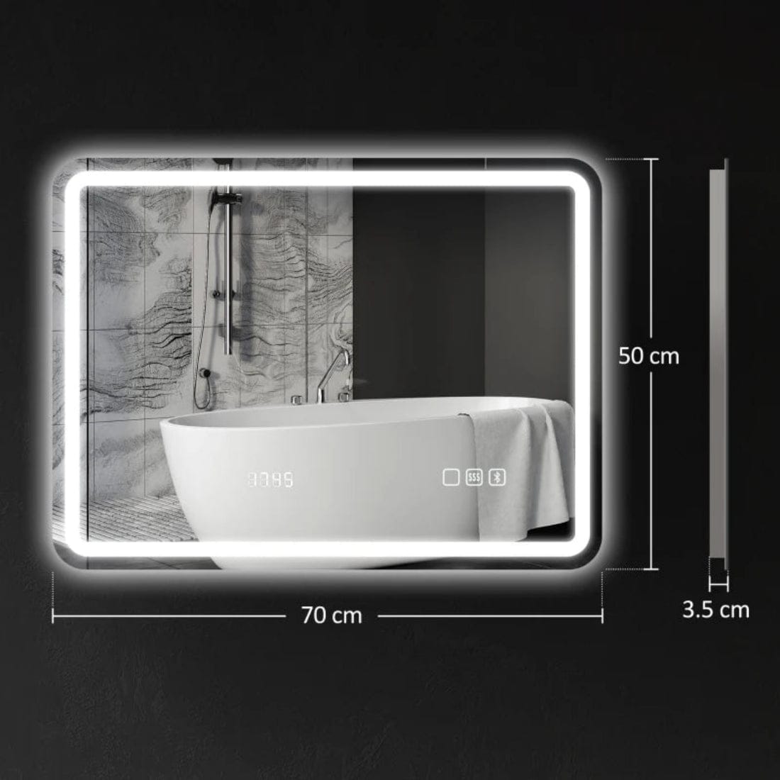 Oglinda touch pentru baie cu led in 3 culori, cu afisare ceas, antiaburire si boxa bluetooth 1