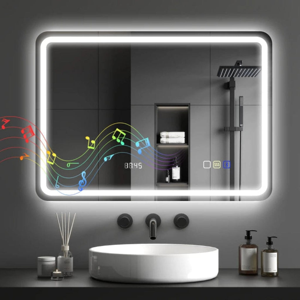 Oglinda touch pentru baie cu led in 3 culori, cu afisare ceas, antiaburire si boxa bluetooth 2