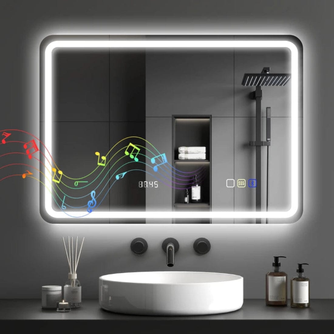 Oglinda touch pentru baie cu led in 3 culori, cu afisare ceas, antiaburire si boxa bluetooth 2