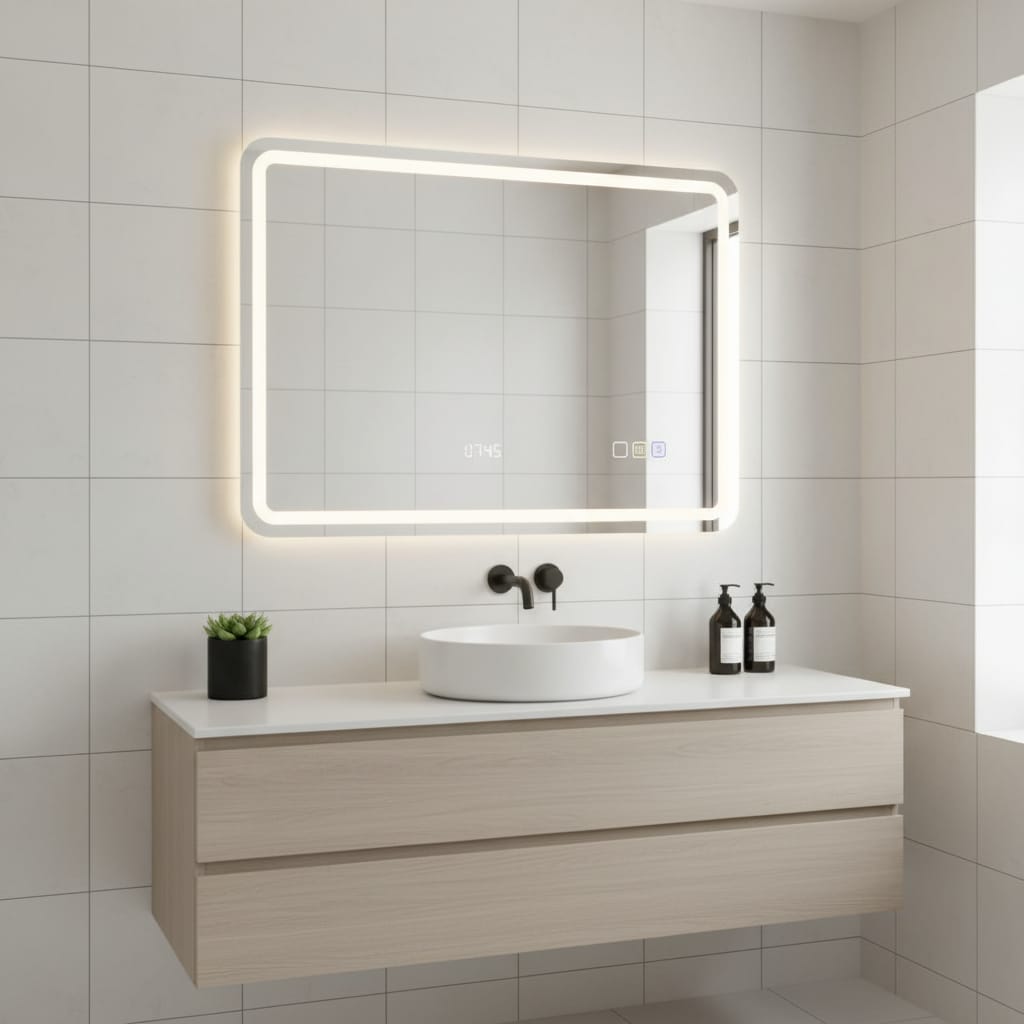 Oglinda touch pentru baie cu led in 3 culori, cu afisare ceas, antiaburire si boxa bluetooth 4