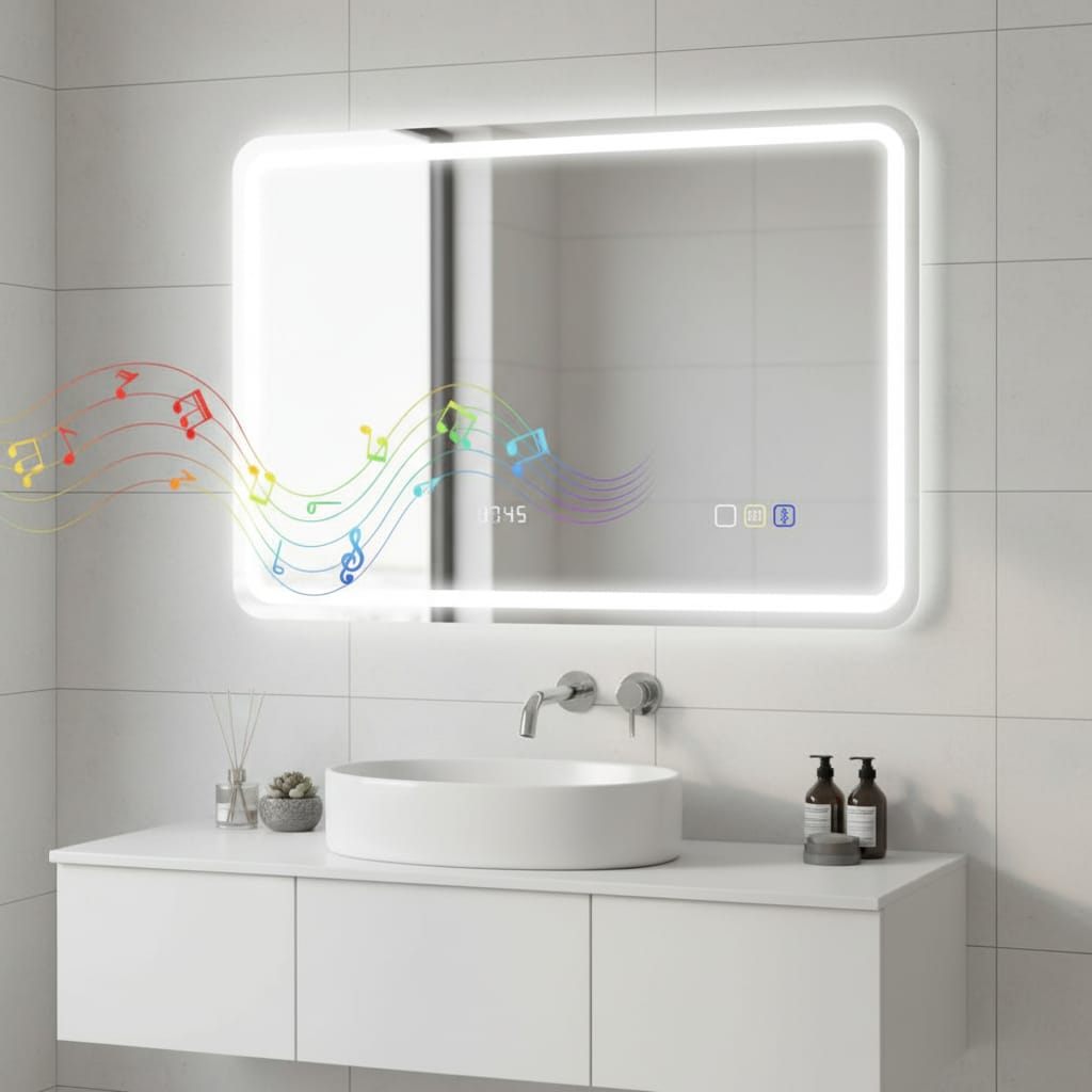 Oglinda touch pentru baie cu led in 3 culori, cu afisare ceas, antiaburire si boxa bluetooth 5