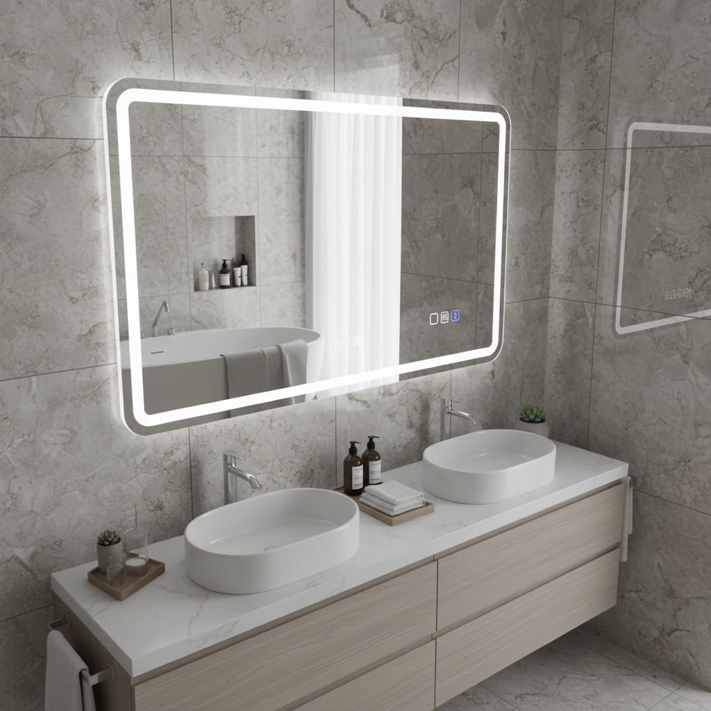Oglinda touch pentru baie cu led in 3 culori, cu afisare ceas, antiaburire si boxa bluetooth 6