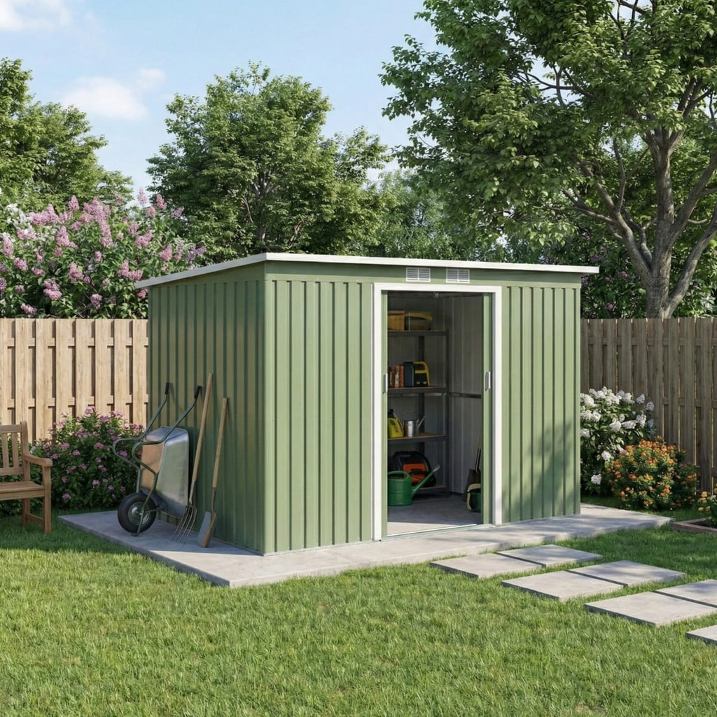 Magazie pentru scule de gradina, otel galvanizat, 280x130x172cm, Verde deschis, usi glisante
