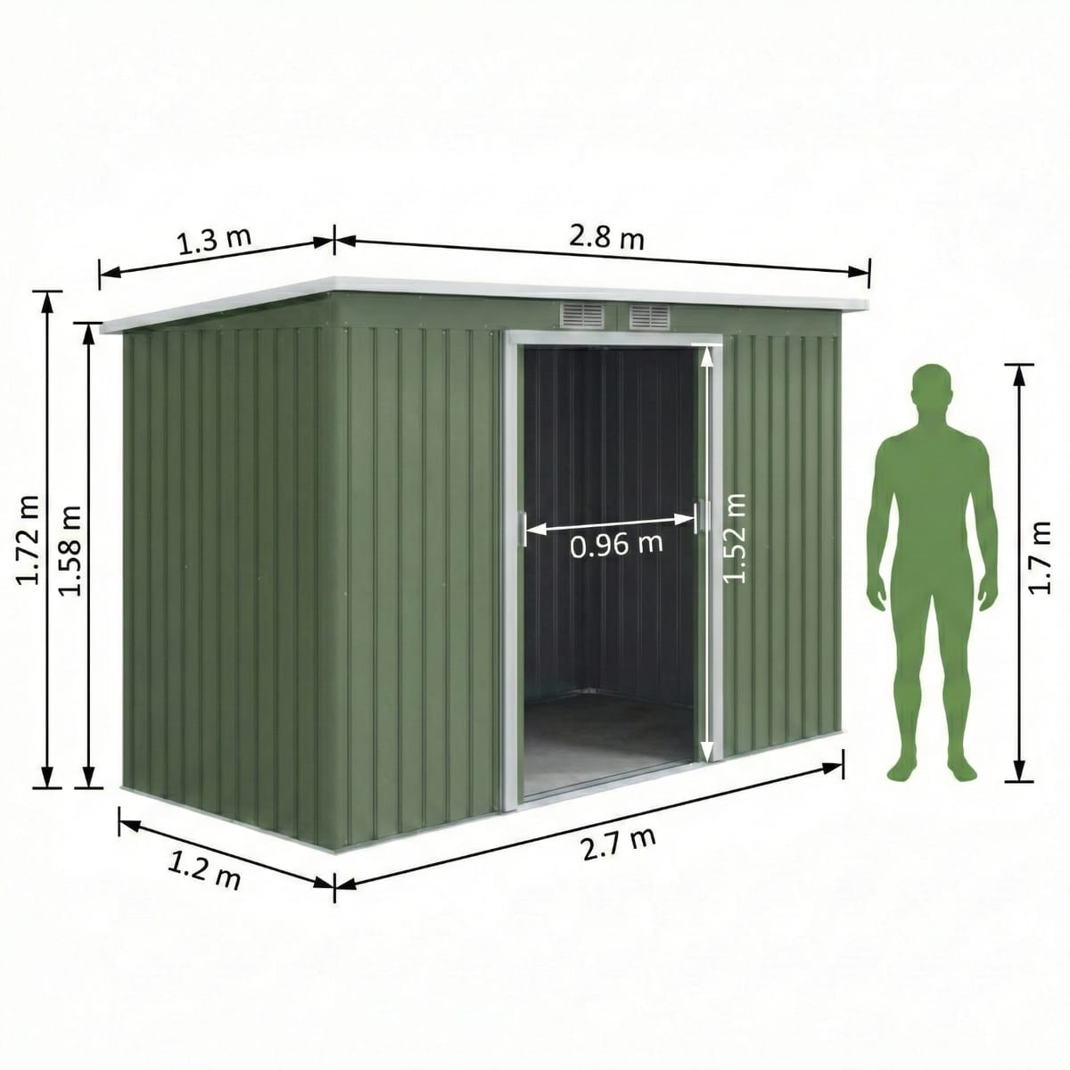 Magazie pentru scule de gradina, otel galvanizat, 280x130x172cm, Verde deschis, usi glisante