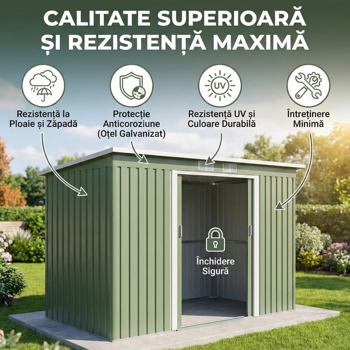 Magazie pentru scule de gradina, otel galvanizat, 280x130x172cm, Verde deschis, usi glisante