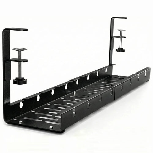 Tavă metalică pentru cabluri sub birou, cu cleme, fără găurire, extensibilă 29–54,5 cm, neagră