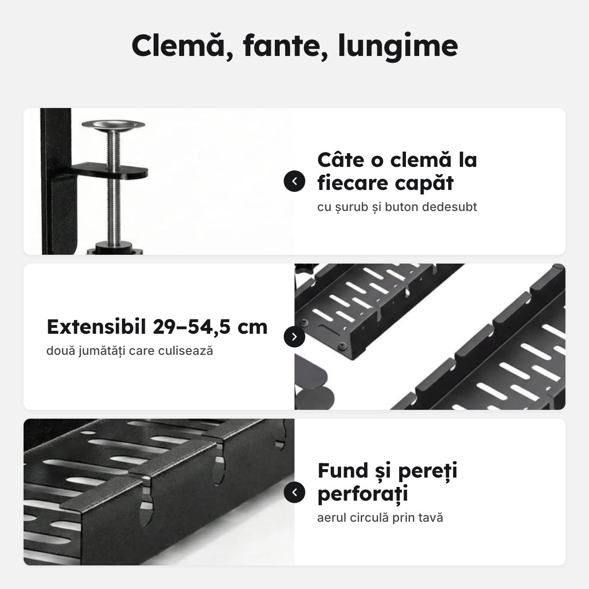 Tavă metalică pentru cabluri sub birou, cu cleme, extensibilă 29–54,5 cm, neagră – Clemă, fante, lungime