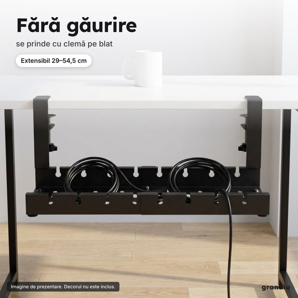 Tavă metalică pentru cabluri sub birou, cu cleme, extensibilă 29–54,5 cm, neagră – Fără găurire