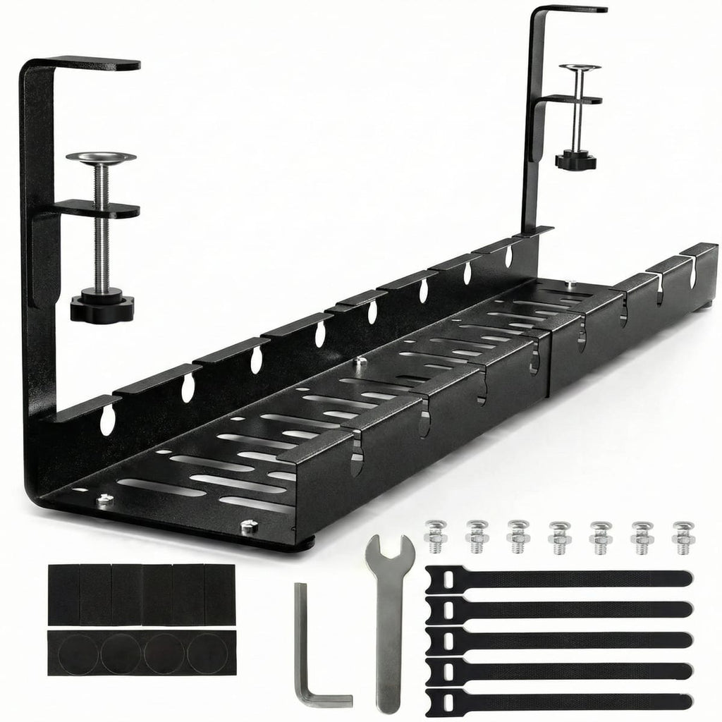 Organizator de cabluri sub birou, tava metalica cu clema, fara gaurire, extensibil 29–54,5 cm, negru 1