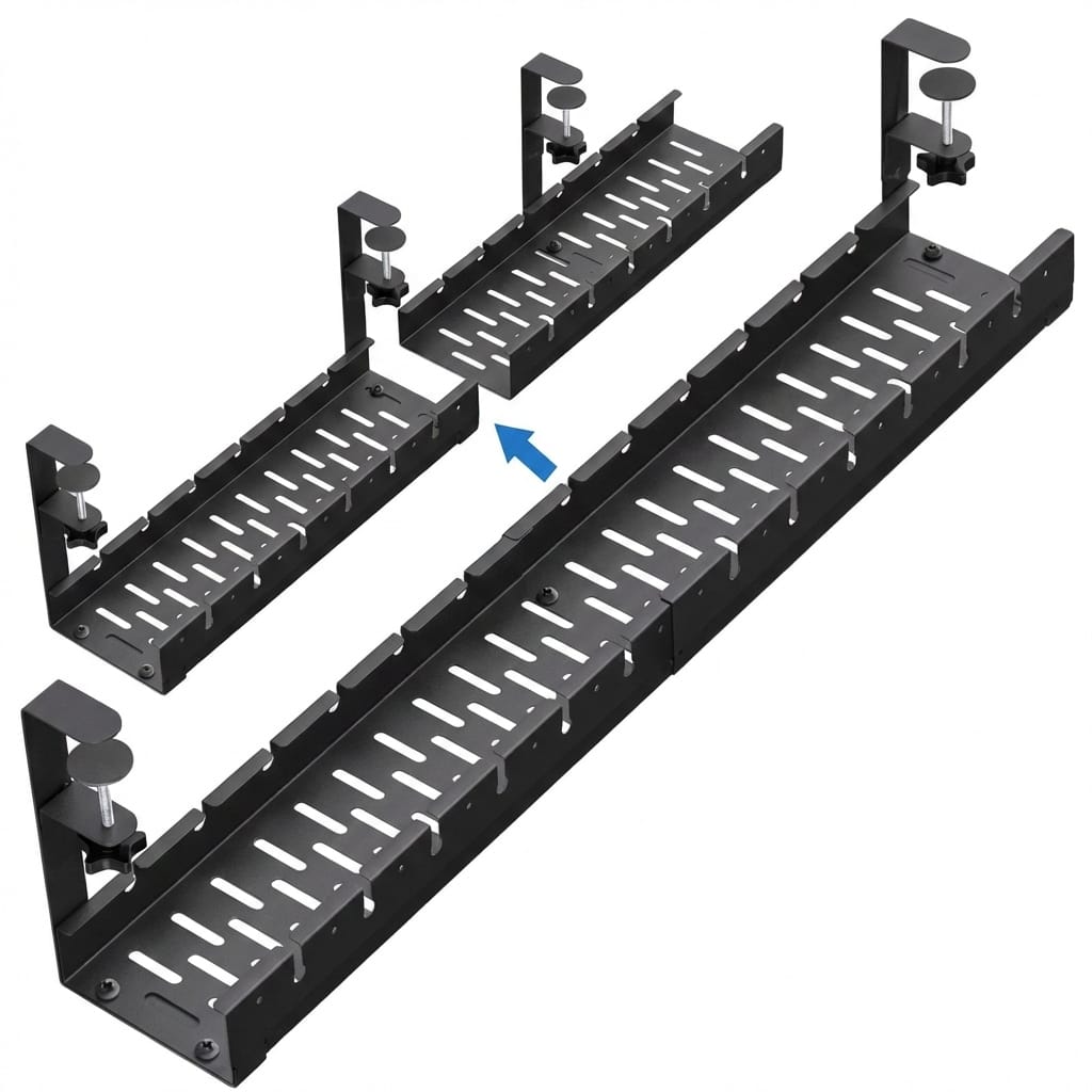 Organizator de cabluri sub birou, tava metalica cu clema, fara gaurire, extensibil 29–54,5 cm, negru 3