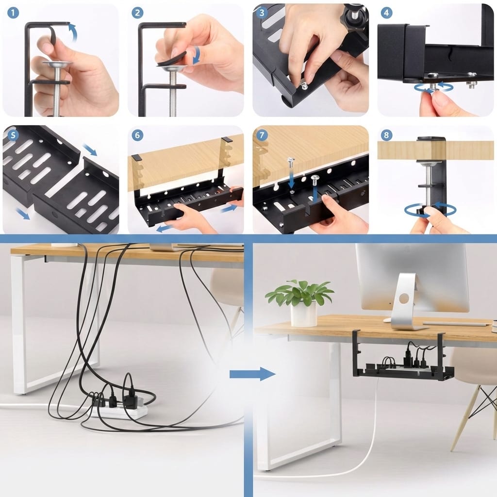 Organizator de cabluri sub birou, tava metalica cu clema, fara gaurire, extensibil 29–54,5 cm, negru 5