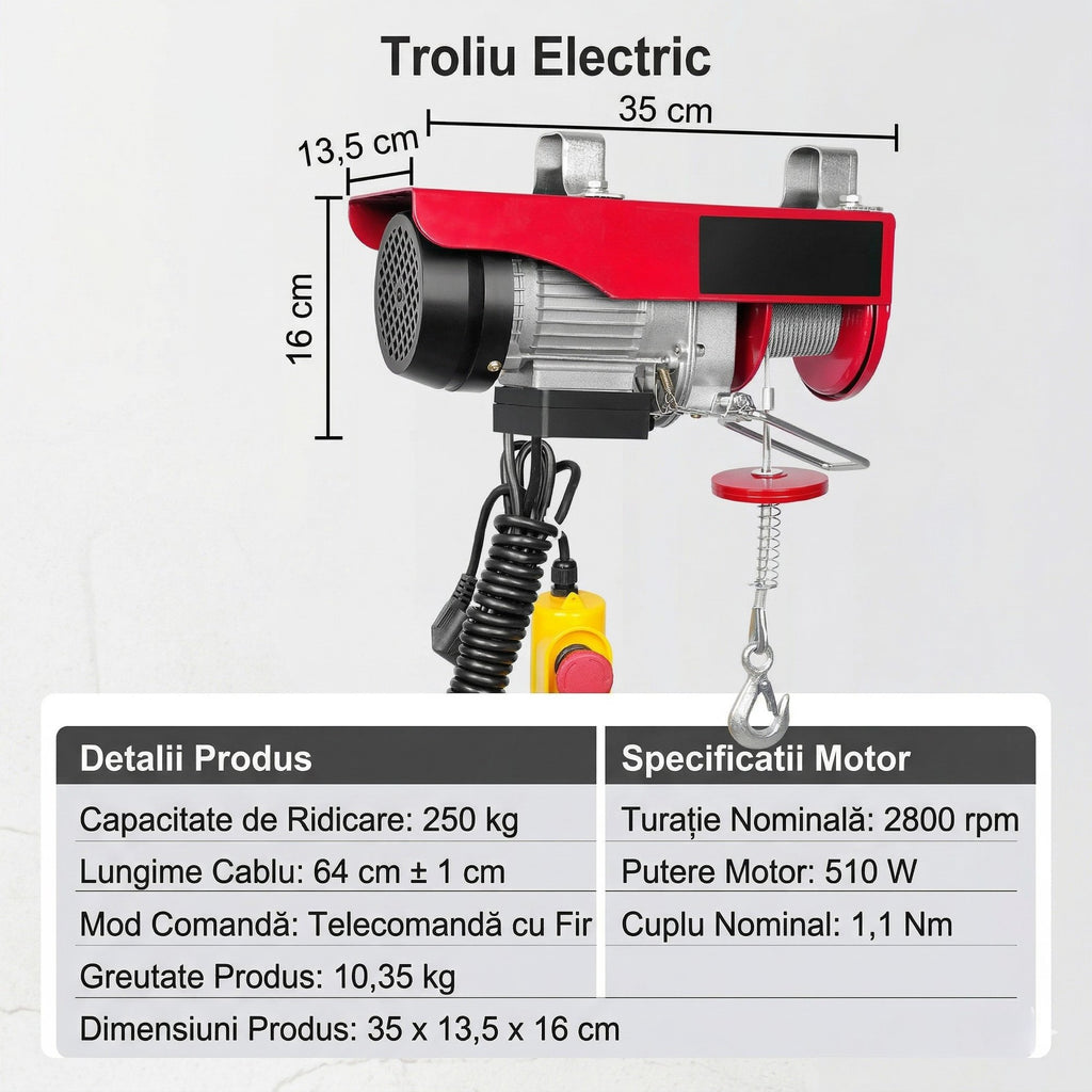 Palan Electric cu Cablu de Otel – Capacitate 250 kg, Motor 510W, Telecomandă 4.2 m 4