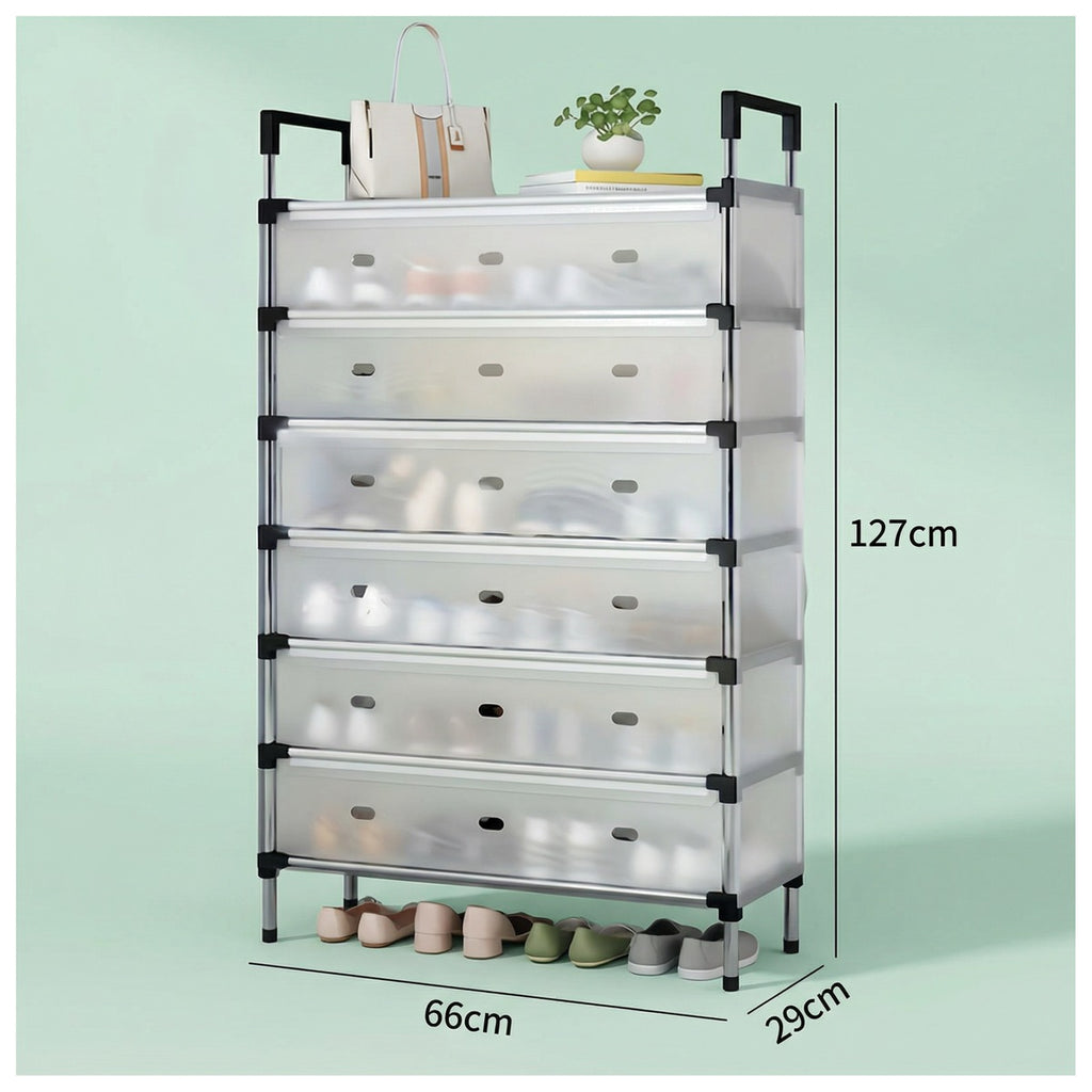 Pantofar cu 6 niveluri și uși translucide, cu dimensiunile marcate peste imagine: 127 cm înălțime, 66 cm lățime, 29 cm adâncime