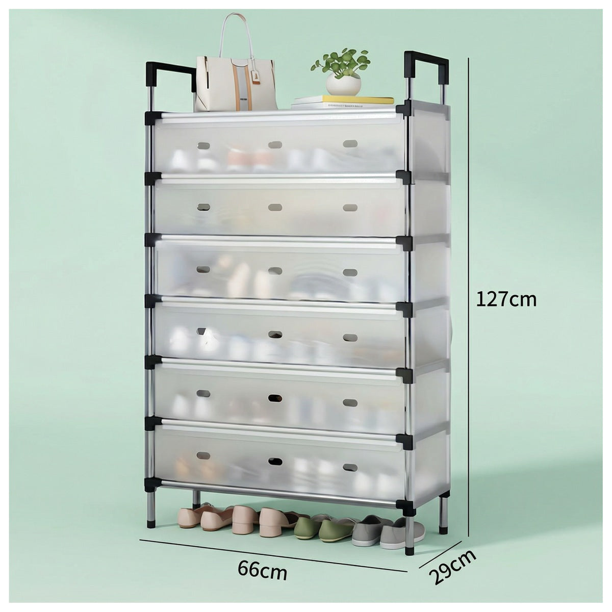 Pantofar cu 6 niveluri și uși translucide, cu dimensiunile marcate peste imagine: 127 cm înălțime, 66 cm lățime, 29 cm adâncime