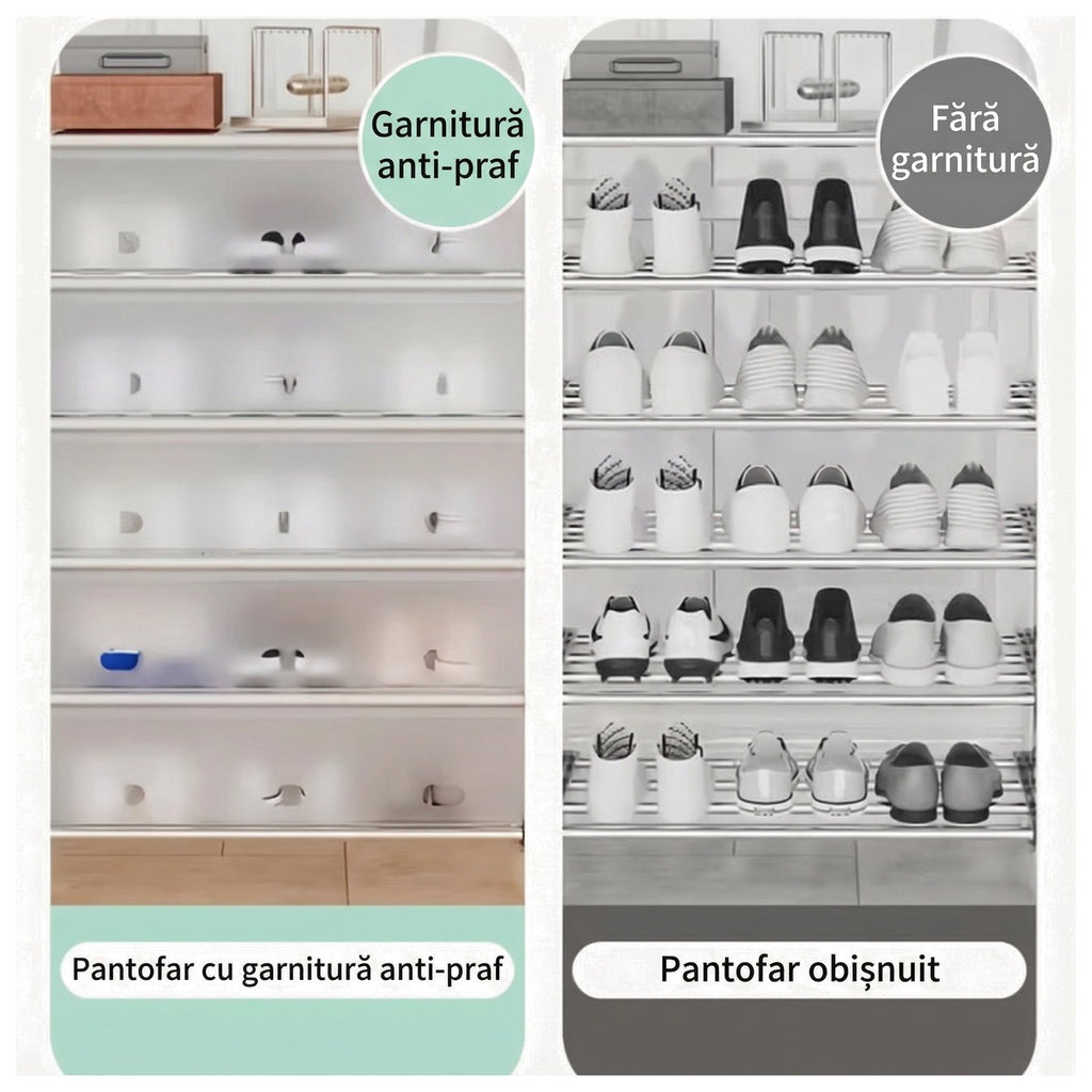 Comparație între pantofarul cu garnitură anti-praf, cu ușile închise, și un pantofar obișnuit, deschis