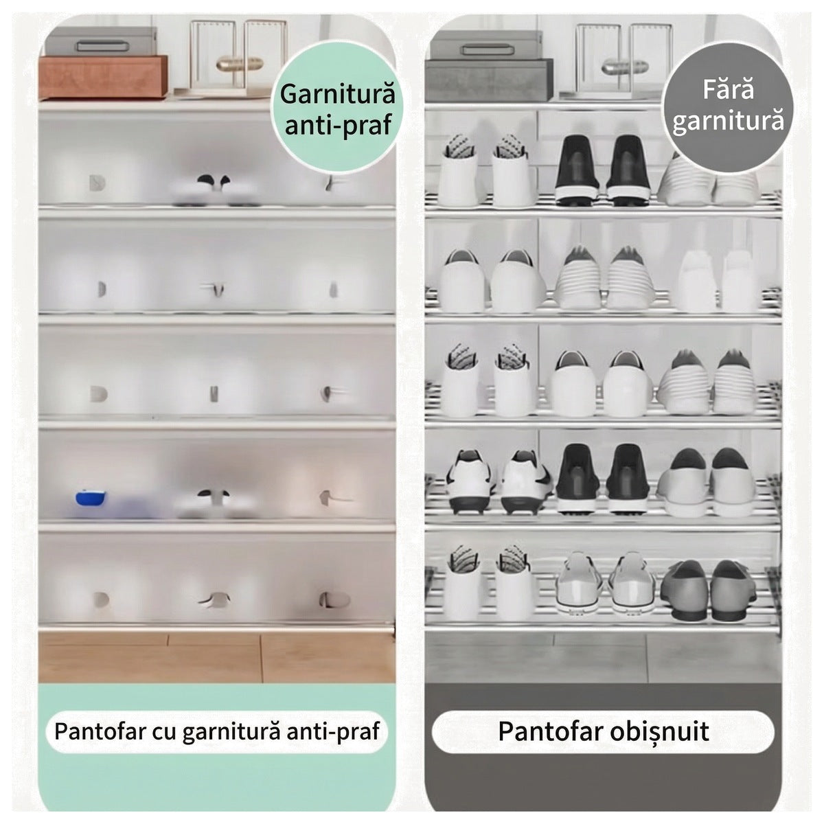 Comparație între pantofarul cu garnitură anti-praf, cu ușile închise, și un pantofar obișnuit, deschis