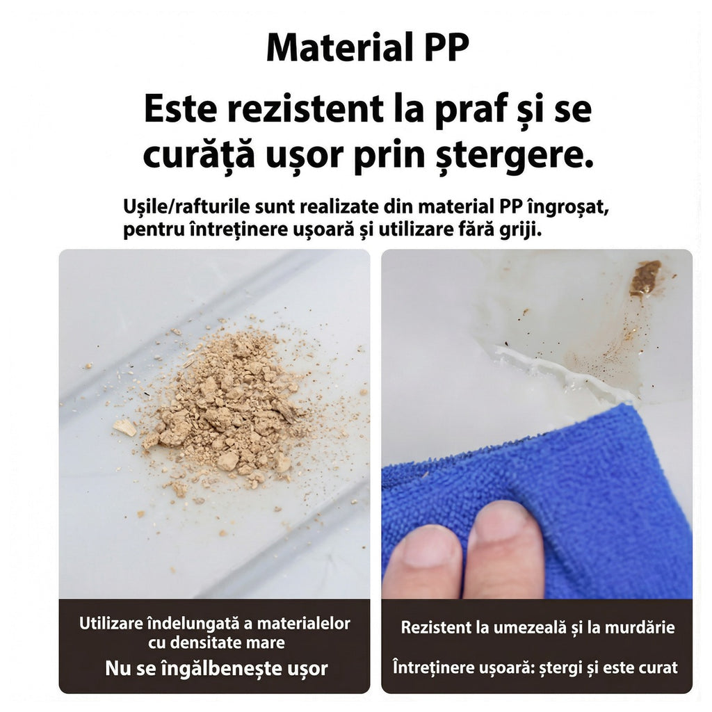 Infografic: ușile și rafturile din material PP îngroșat, rezistente la praf și umezeală, se curăță prin ștergere