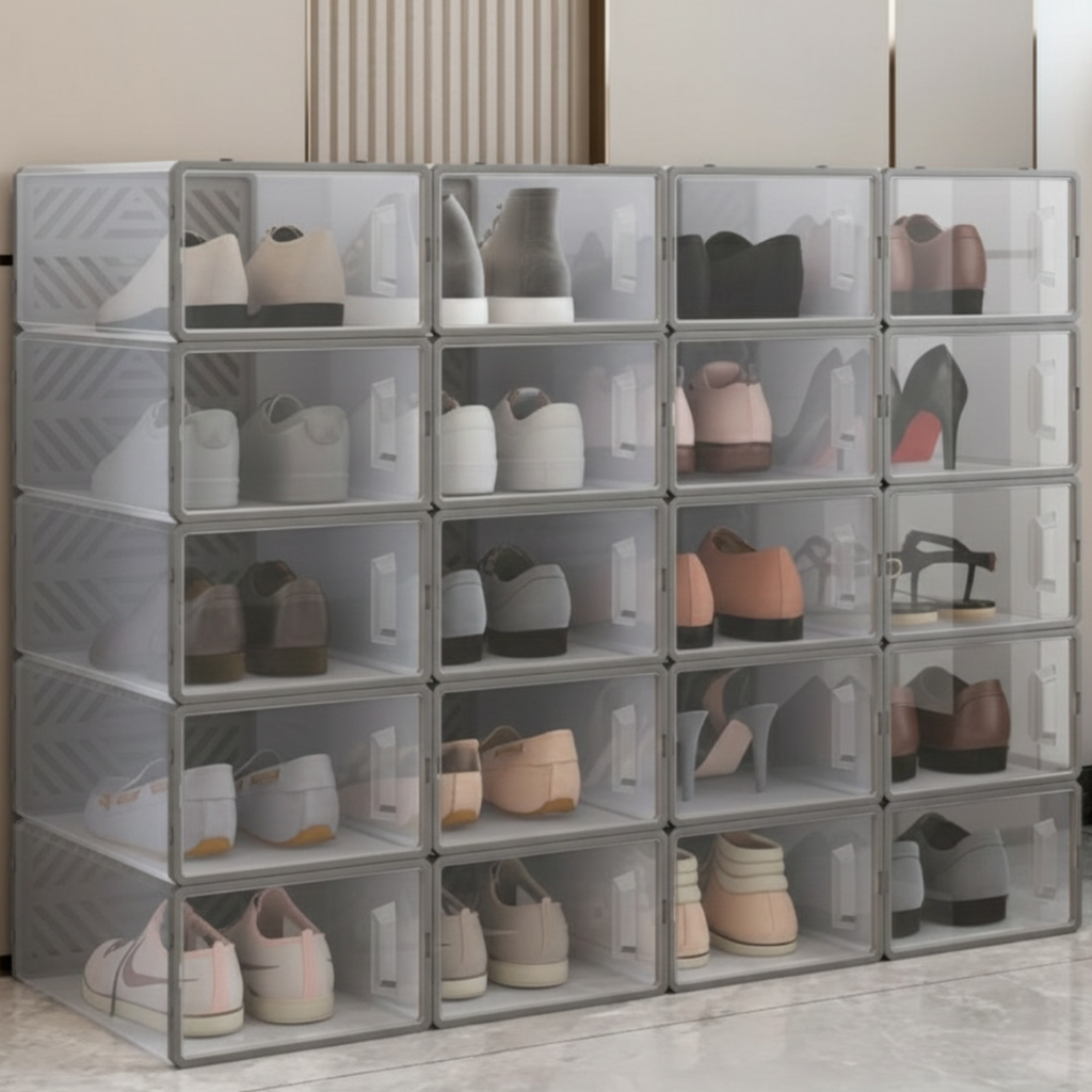 Dulap pentru pantofi modular, cu orificii de ventilatie, 10 cuburi, transparente, stivuibile