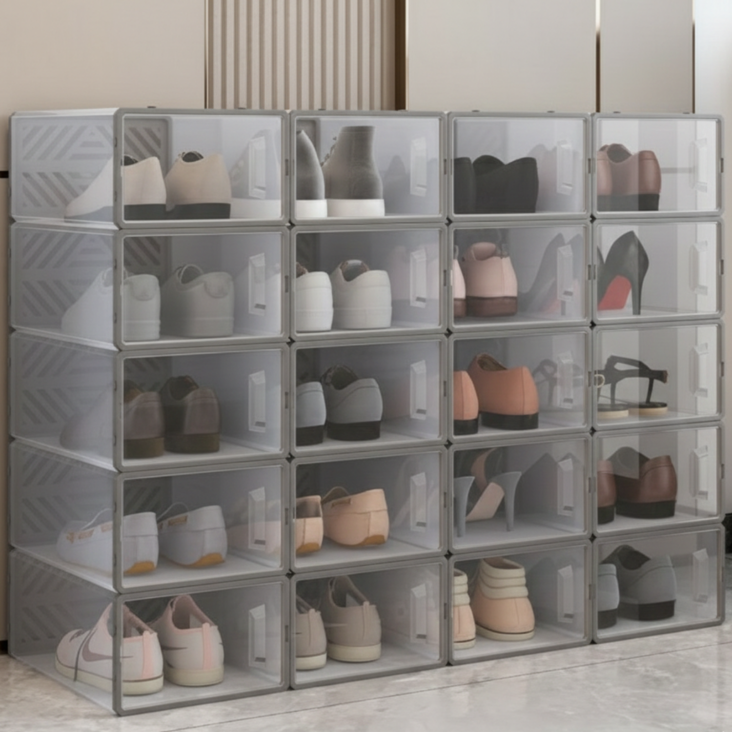 Dulap pentru pantofi modular, cu orificii de ventilatie, 10 cuburi, transparente, stivuibile