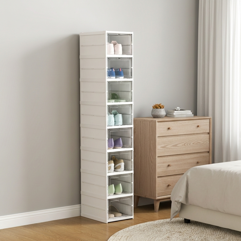 Dulap modular pentru pantofi cu 8 cutii stivuibile, 26x35x140 cm, alb