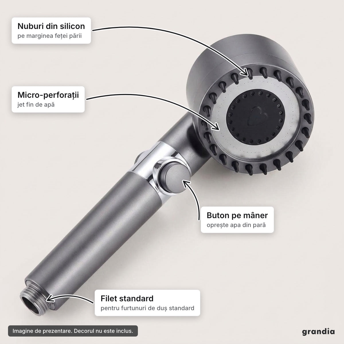 Pară de duș cu filtru, gri închis – elemente principale