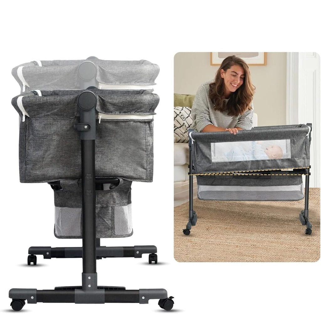 Pătuț Co-Sleeper Reglabil pentru Bebeluşi, Poliester + Metal, cu Roti și Coș 2