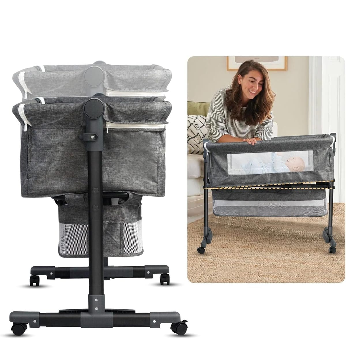 Pătuț Co-Sleeper Reglabil pentru Bebeluşi, Poliester + Metal, cu Roti și Coș 2
