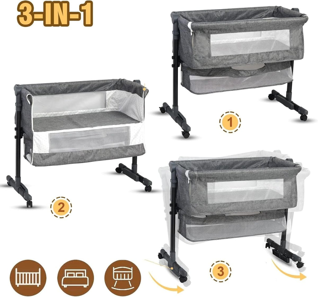 Pătuț Co-Sleeper Reglabil pentru Bebeluşi, Poliester + Metal, cu Roti și Coș 3