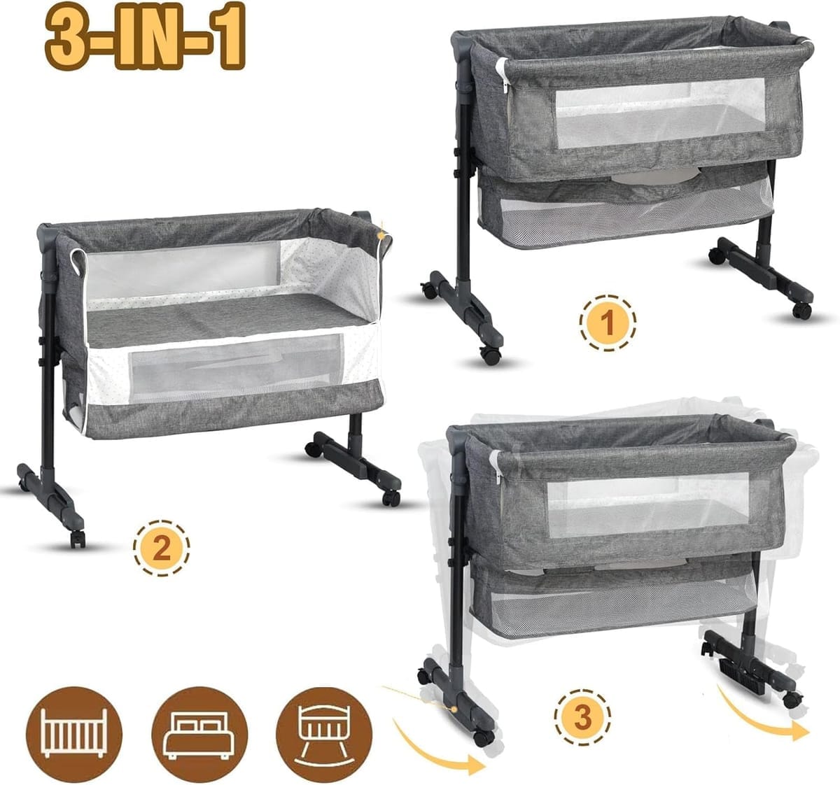 Pătuț Co-Sleeper Reglabil pentru Bebeluşi, Poliester + Metal, cu Roti și Coș 3