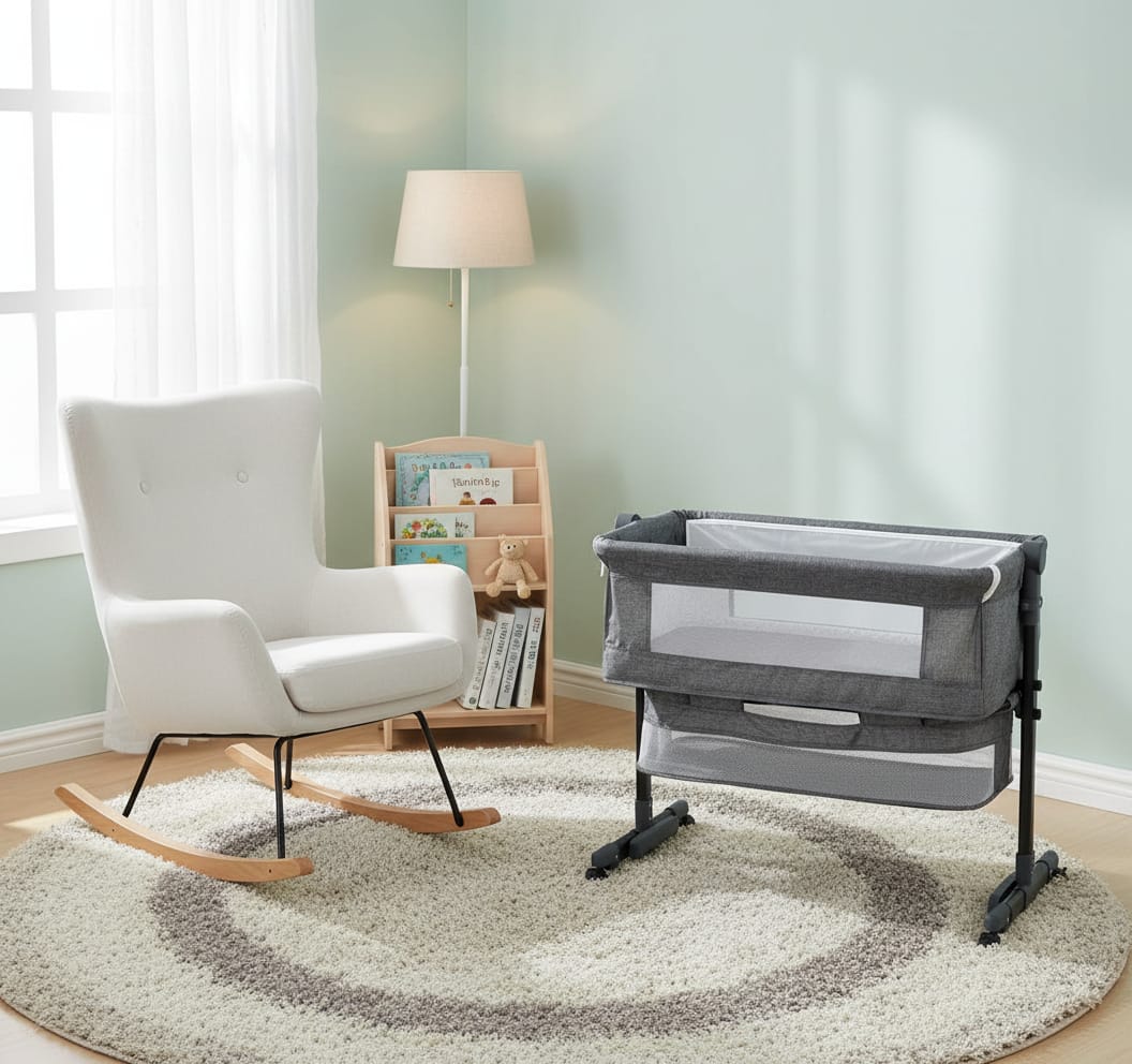 Pătuț Co-Sleeper Reglabil pentru Bebeluşi, Poliester + Metal, cu Roti și Coș 6