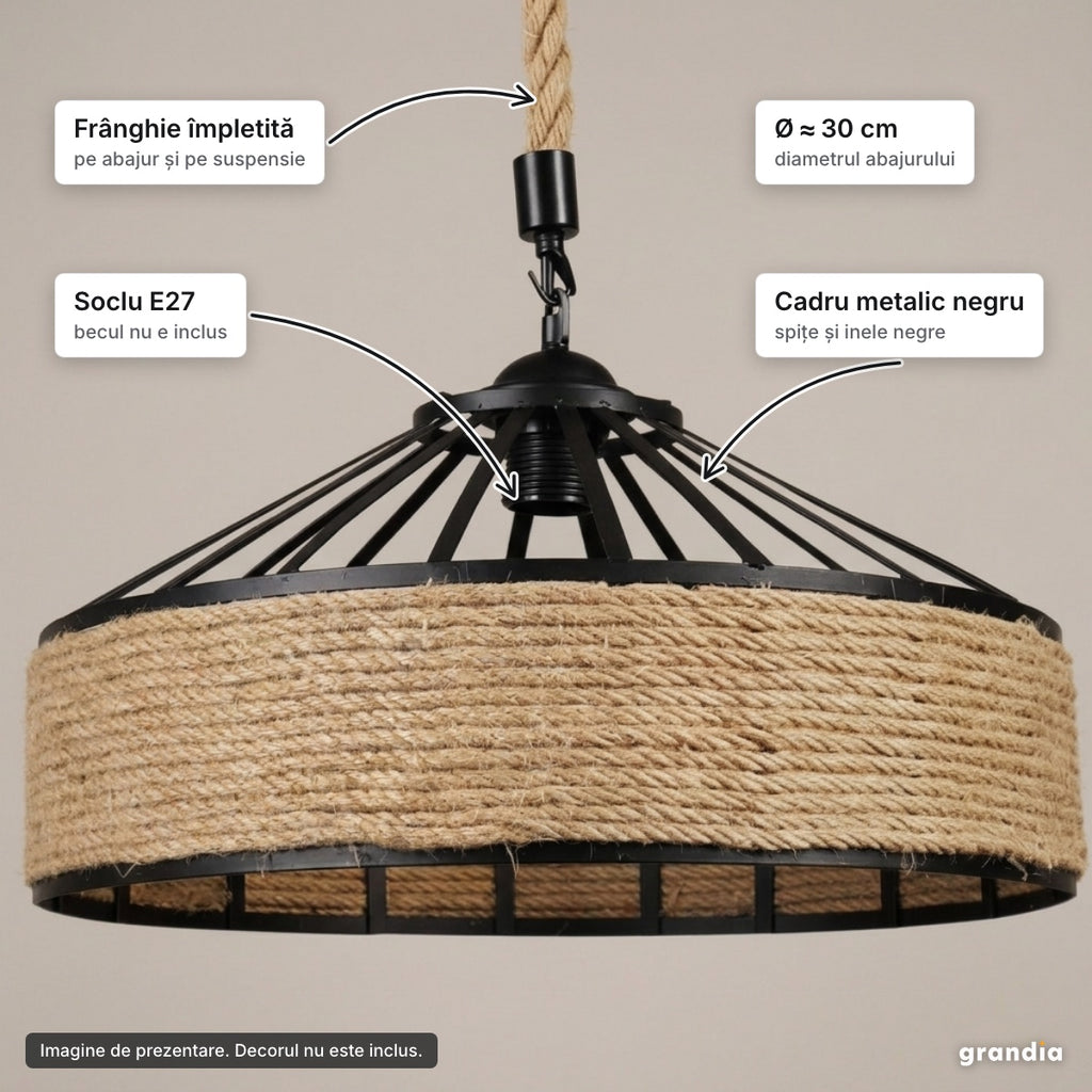 Pendul vintage cu frânghie, E27 – elemente principale