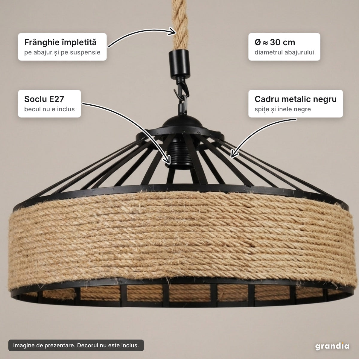 Pendul vintage cu frânghie, E27 – elemente principale