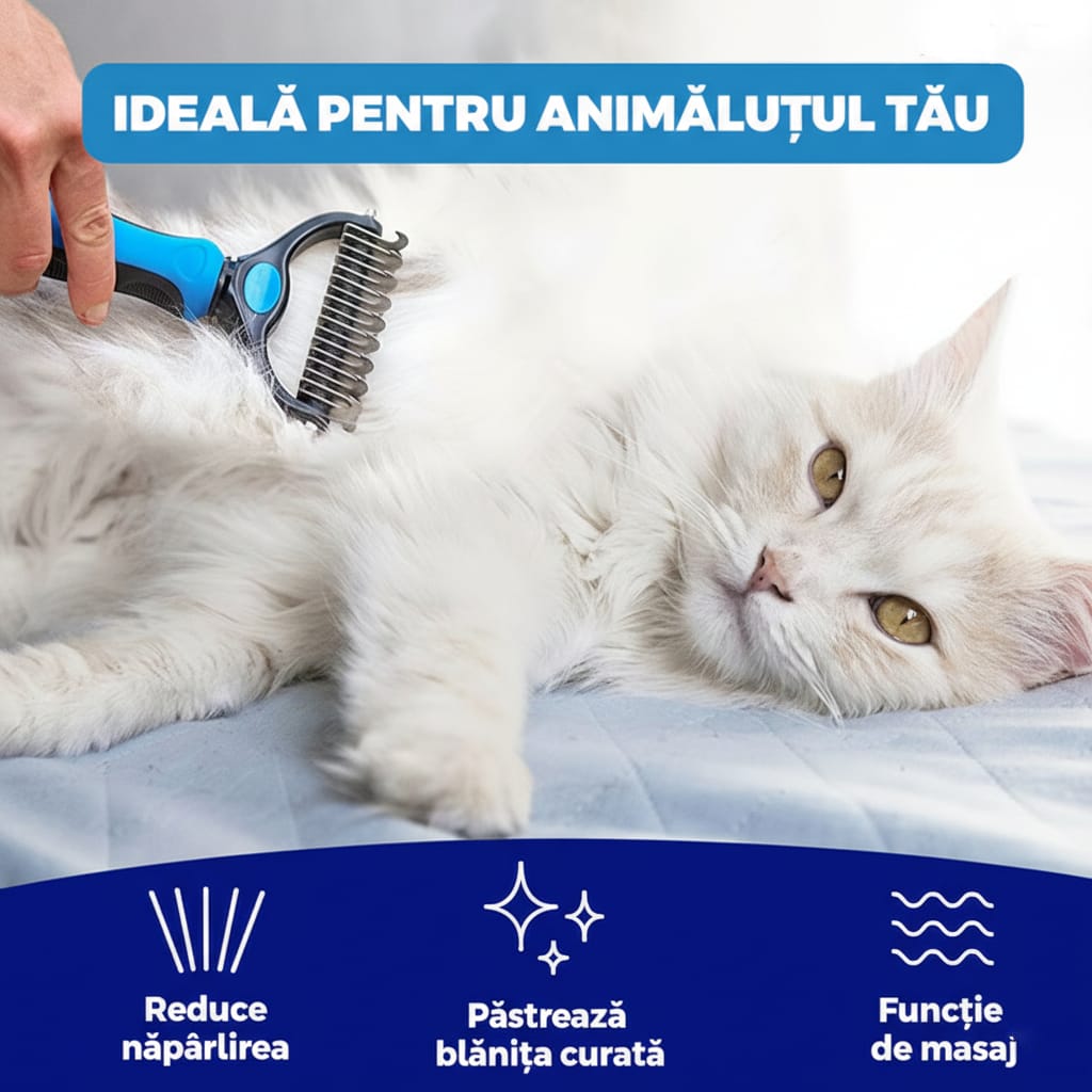 Perie profesionala pentru animale de companie, caini si pisici, din inox dublu, culoare albastra, pentru tuns, contur si descurcarea blanii, ideal pentru grooming acasă 2