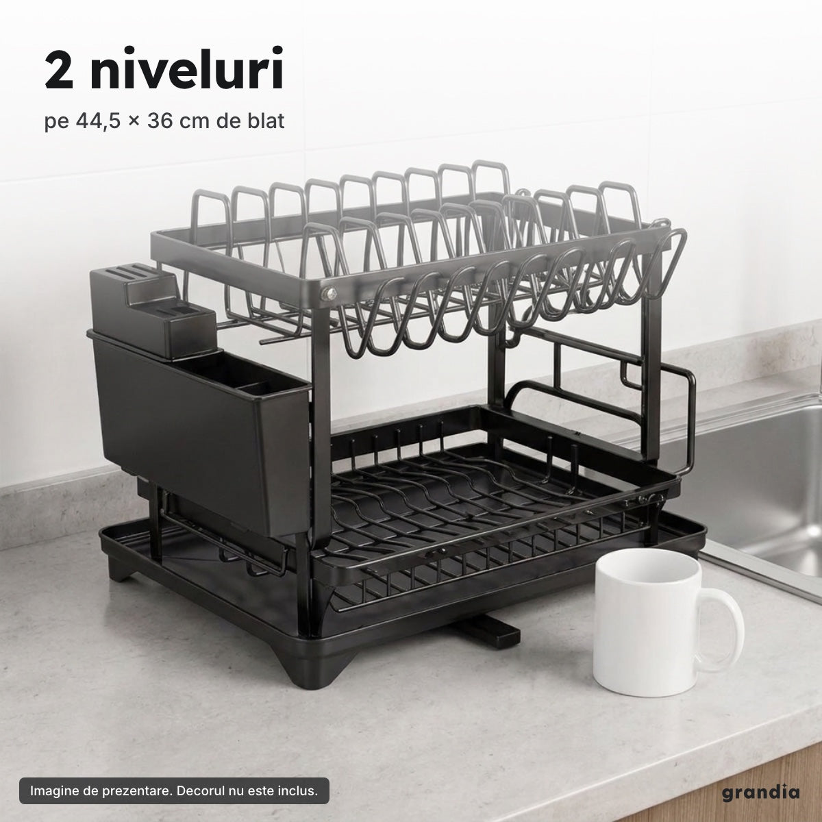 Scurgător de vase negru pe 2 niveluri, 44,5 × 36 × 36 cm – 2 niveluri