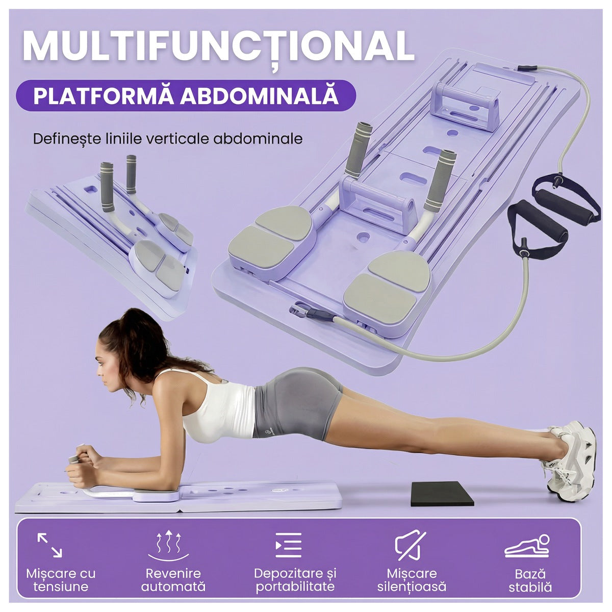 Placă de fitness pliabilă multifuncțională, vedere de sus a produsului, și femeie în poziția plank cu antebrațele pe placă
