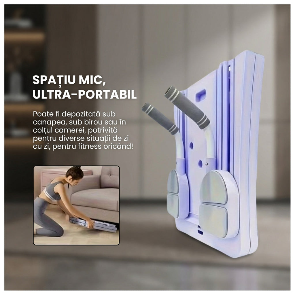 Placa de fitness pliată în două, sprijinită vertical, și detaliu cu depozitarea ei sub canapea