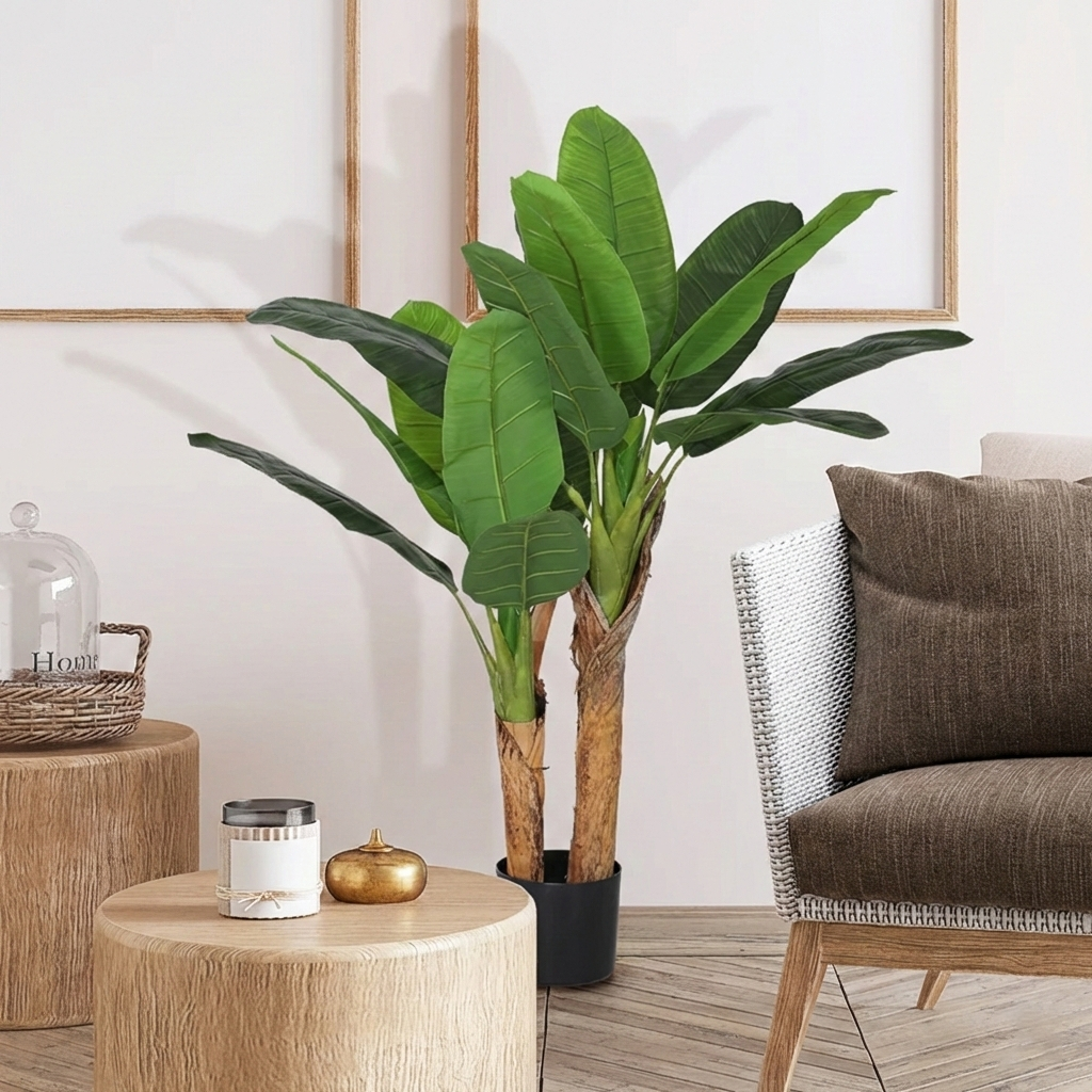 Planta artificiala bananier cu ghiveci, 2 trunchiuri si 15 frunze, 120 cm, decor interior verde