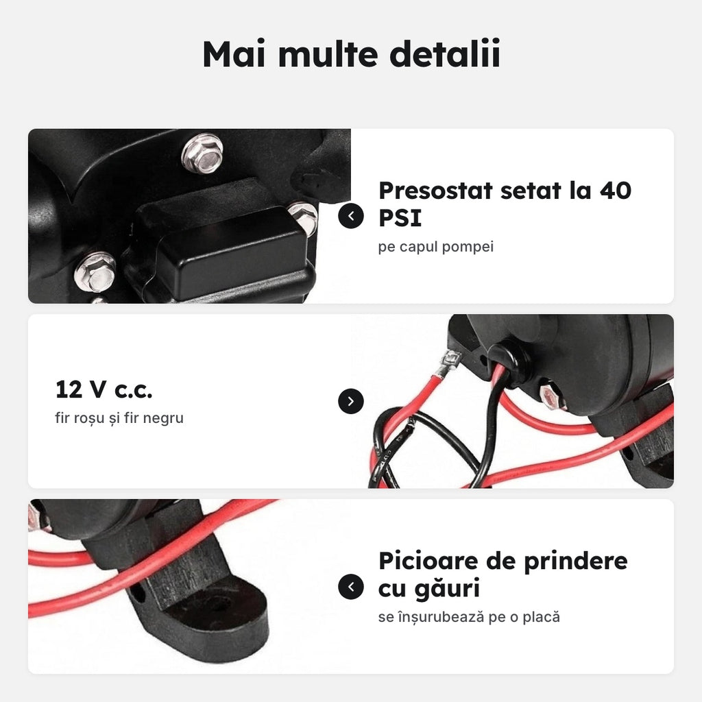 Pompă de apă 12 V cu diafragmă, 17 L/min – Mai multe detalii