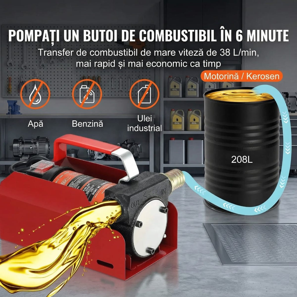 Pompa Electrica Transfer Motorina 12V – 38 L/min, Kit Complet cu Pistol Automat si Furtunuri 3