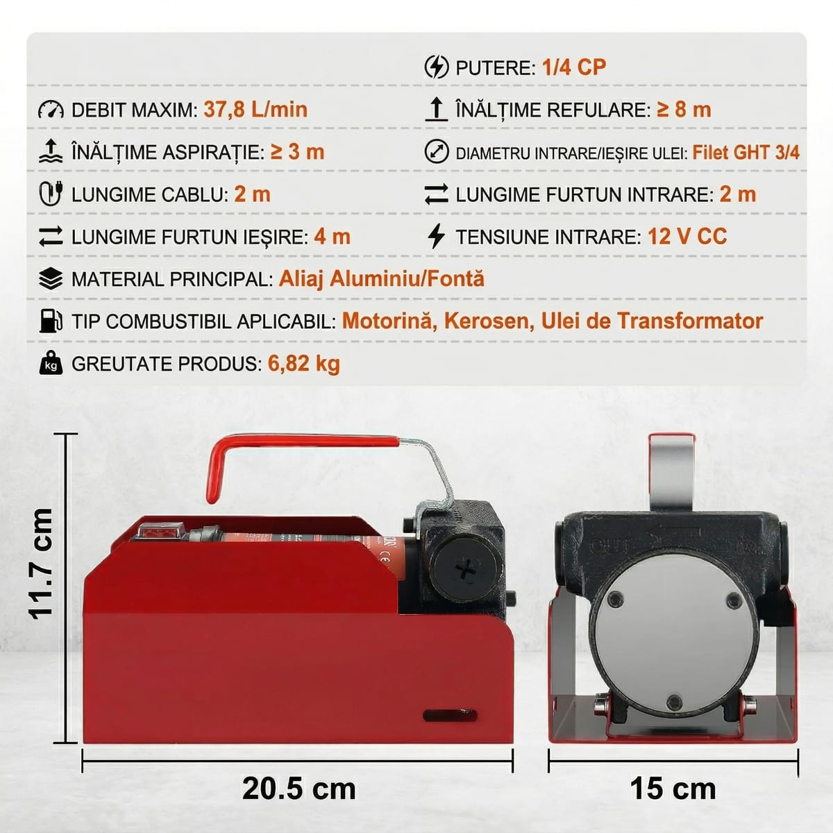 Pompa Electrica Transfer Motorina 12V – 38 L/min, Kit Complet cu Pistol Automat si Furtunuri 7