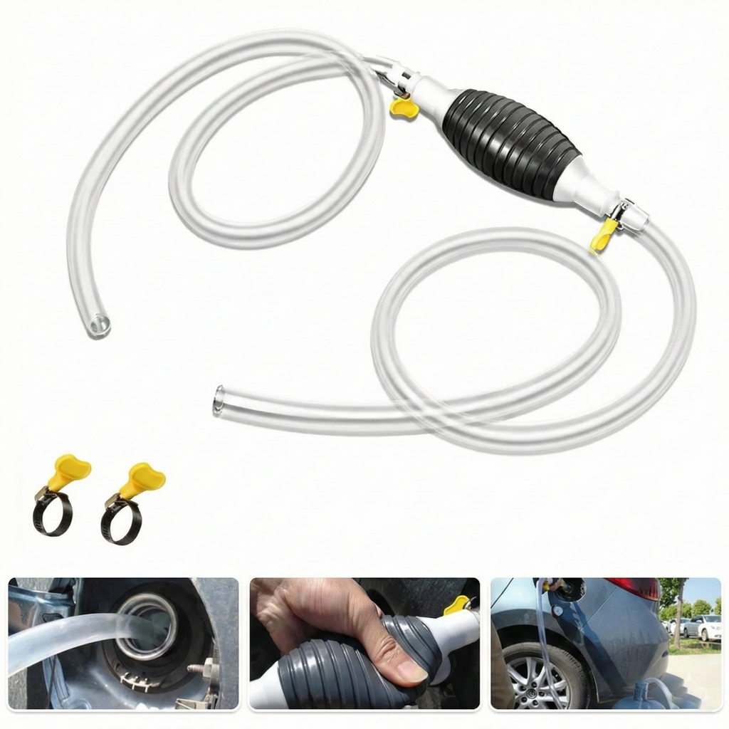 Pompa manuala pentru transfer lichide, cu furtun flexibil, pentru combustibil si apa