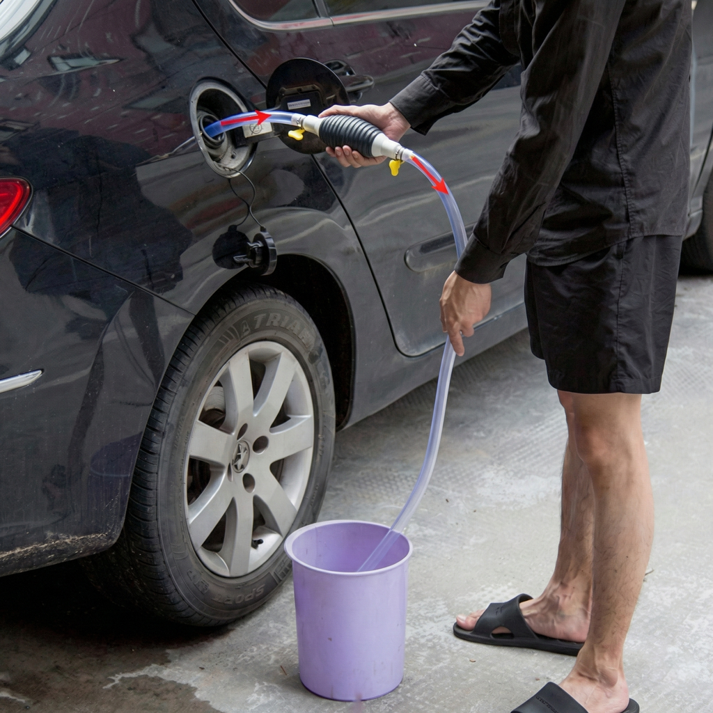 Pompa manuala pentru transfer lichide, cu furtun flexibil, pentru combustibil si apa