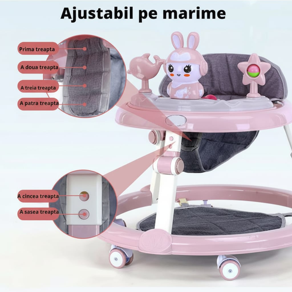 Premergator multifunctional pentru bebelusi, tava cu 3 jucarii si muzica, reglabil si pliabil, max 20 kg, 6–36 luni, roz 2