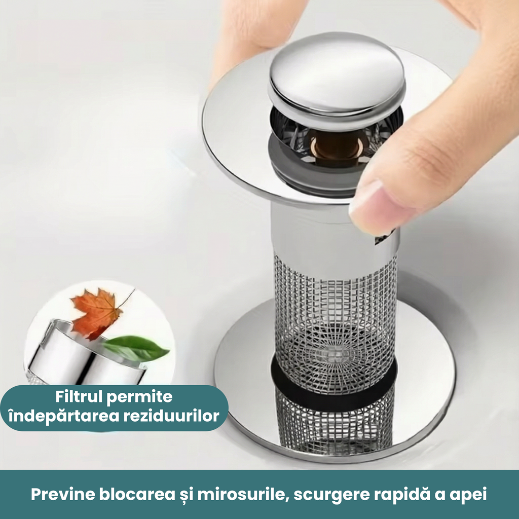 Dop de scurgere cu sită, introdus în scurgerea lavoarului