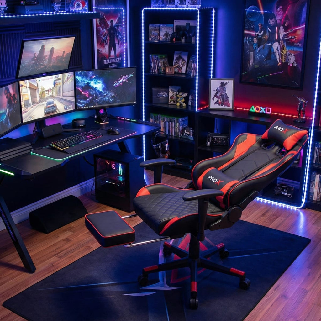 PRO-X COMFORT Scaun Gaming cu Suport pentru Picioare, Negru-Rosu 5